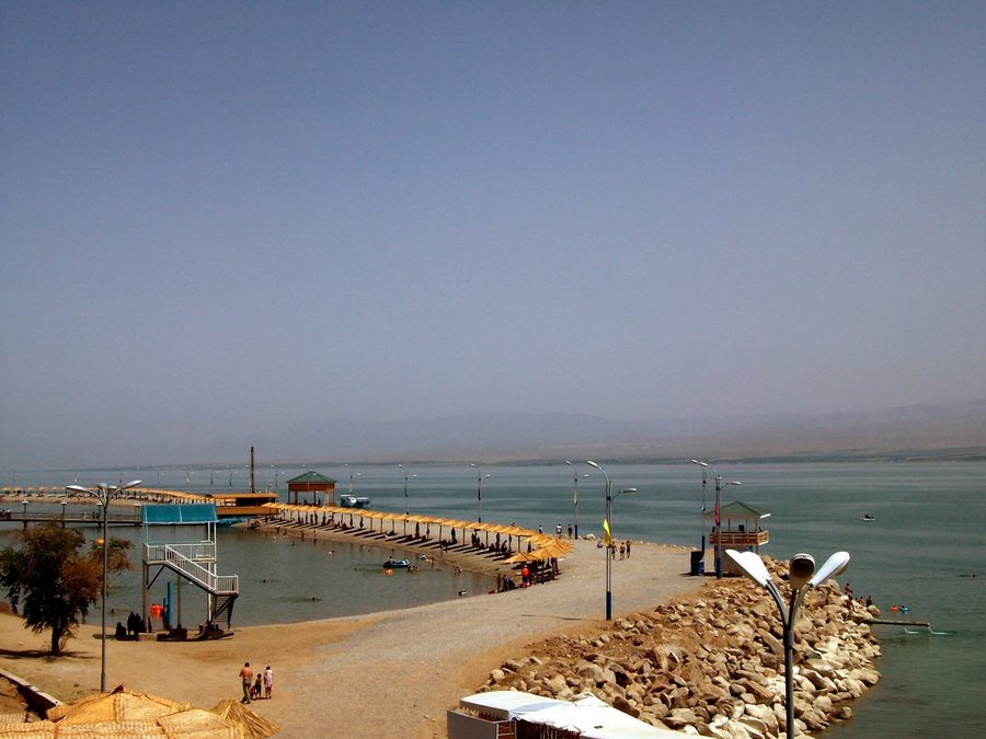 Wide expanse of water at the Kairakkum Reservoir in Tajikistan