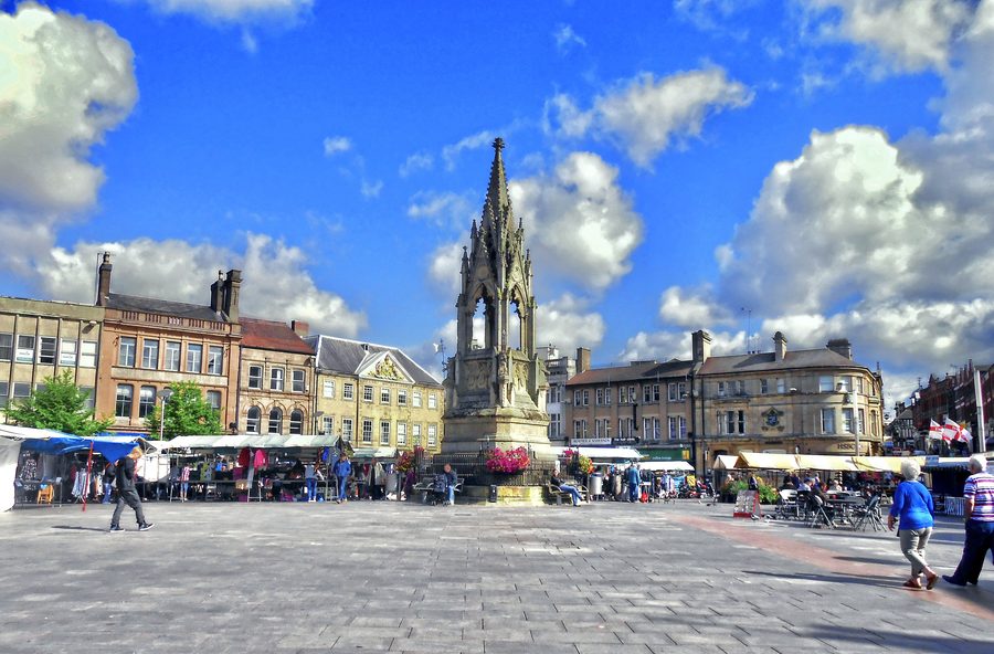 Mansfield Market Place with the Bentinck Memorial on a bright morning