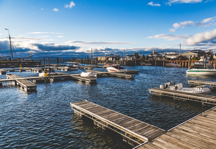 Burlington, Vermont waterfront and marina on Lake Champlain
