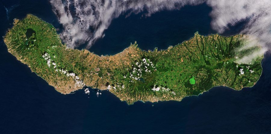Satellite view of the volcanic island of São Miguel in the Azores
