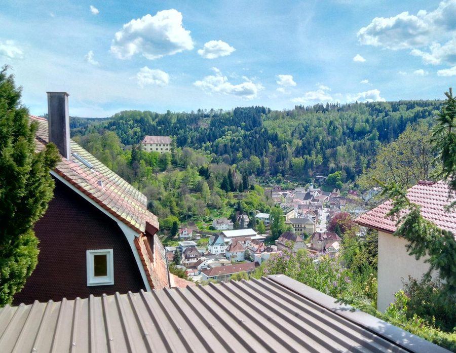 View from above of the town center of Neuenbürg with castle and bend in the Enz