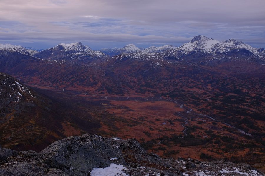 Mountain landscape in Trollheimen, viewed from a marked hiking trail between mountain cabins.