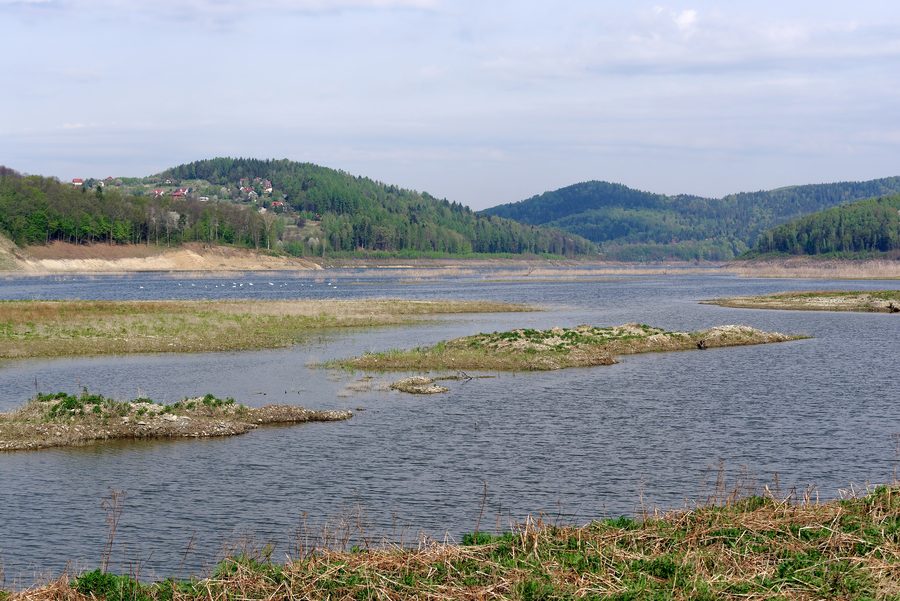 Jezioro Mucharskie in Kleinpolen bei niedrigem Wasserstand