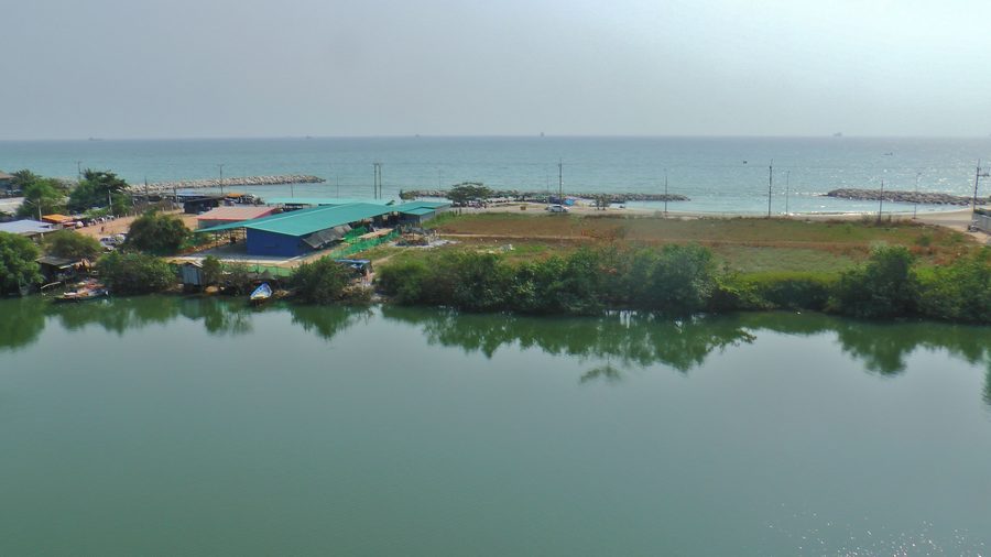 View from the observation tower of Rayong Mangrove Park across the Rayong River to the Gulf of Thailand