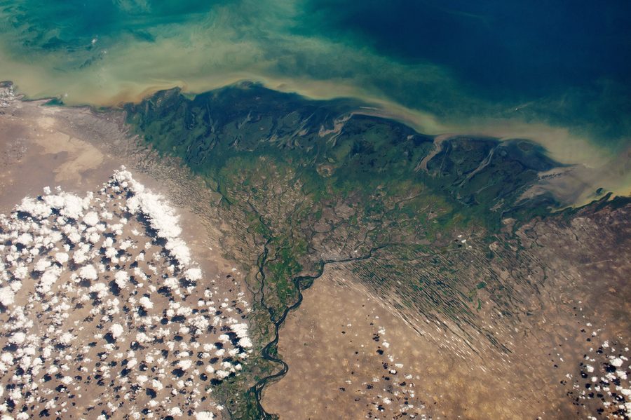 Aerial view of the Volga River Delta in Astrakhan Oblast