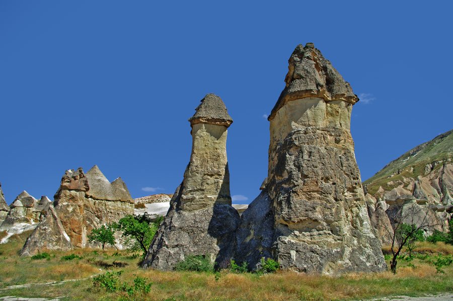 Fairy chimneys in the Cappadocia landscape near NevÅŸehir
