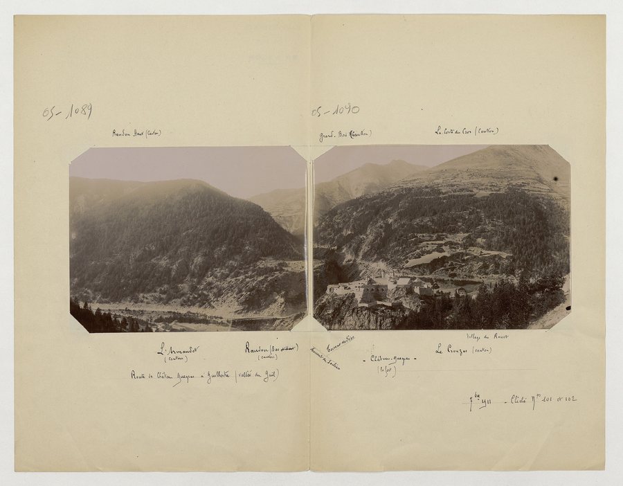 File:Commune de Château-Ville-Vieille (vue panoramique de la forêt communale et du château Queyras, deux vues rapprochées en diptyque, forêt communale sur la rive gauche du Guil, futaie de mélèzes après une coupe) - btv1b106890321.jpg