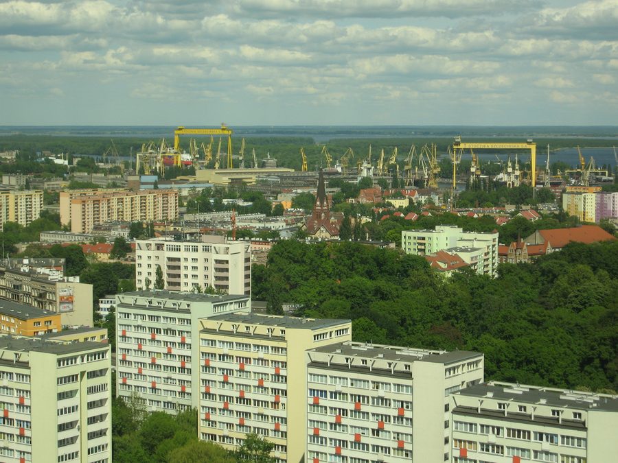 Szczecin shipyard buildings by the harbor.