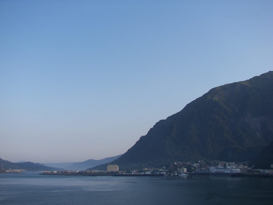 Downtown Juneau on the Gastineau Channel with mountains in the background