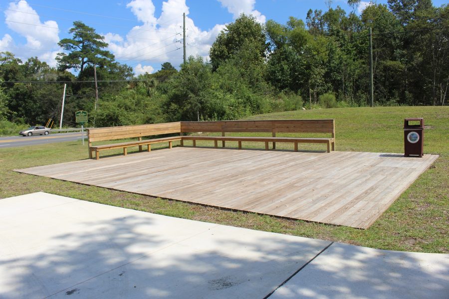 Benches and deck near the Chipola River boat ramp in Marianna, Florida