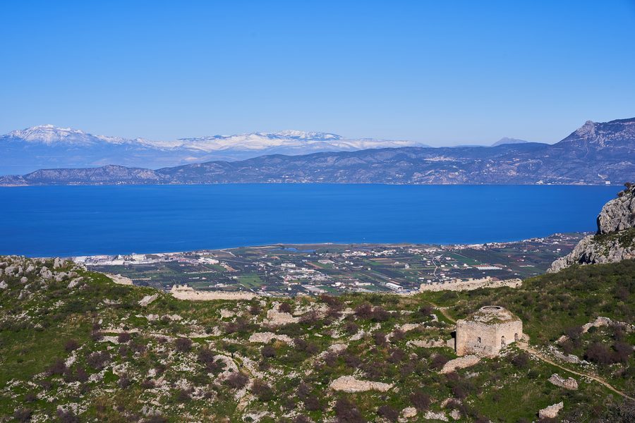 View of the Corinthian Gulf from Acrocorinth, with the remains of ancient Lechaion visible near the coast