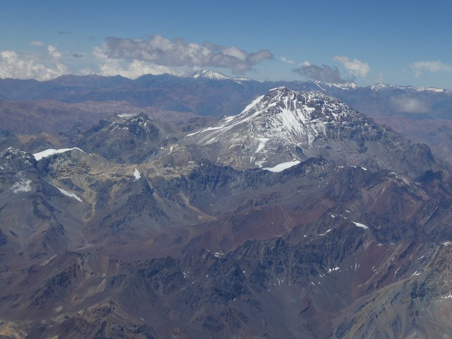 Snow-covered Aconcagua in the Argentine Andes range, seen from an airplane