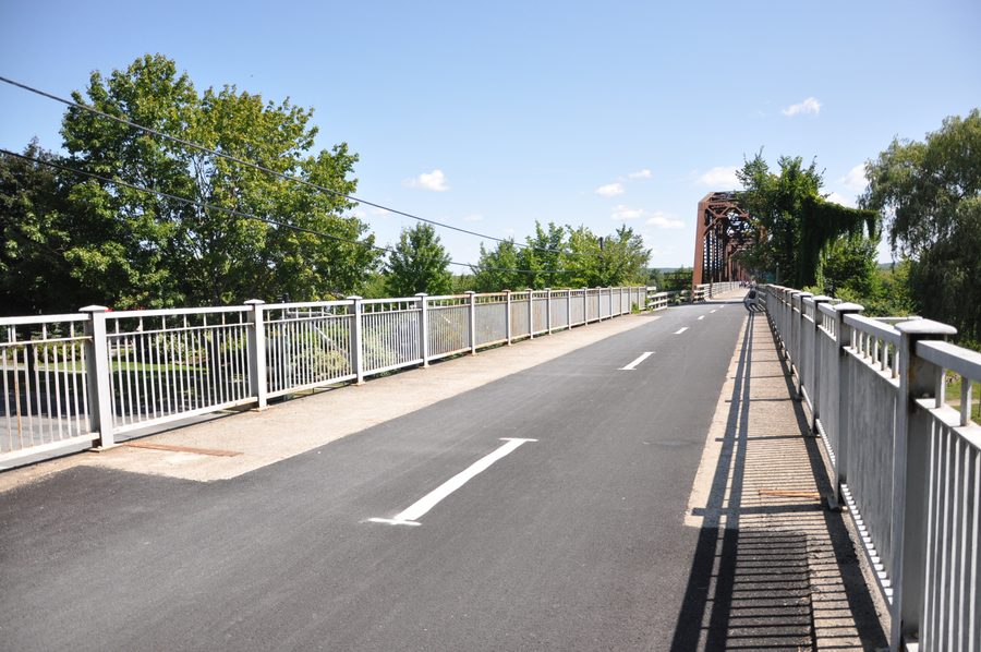 The Fredericton Trail with a view of the bridges over the river.