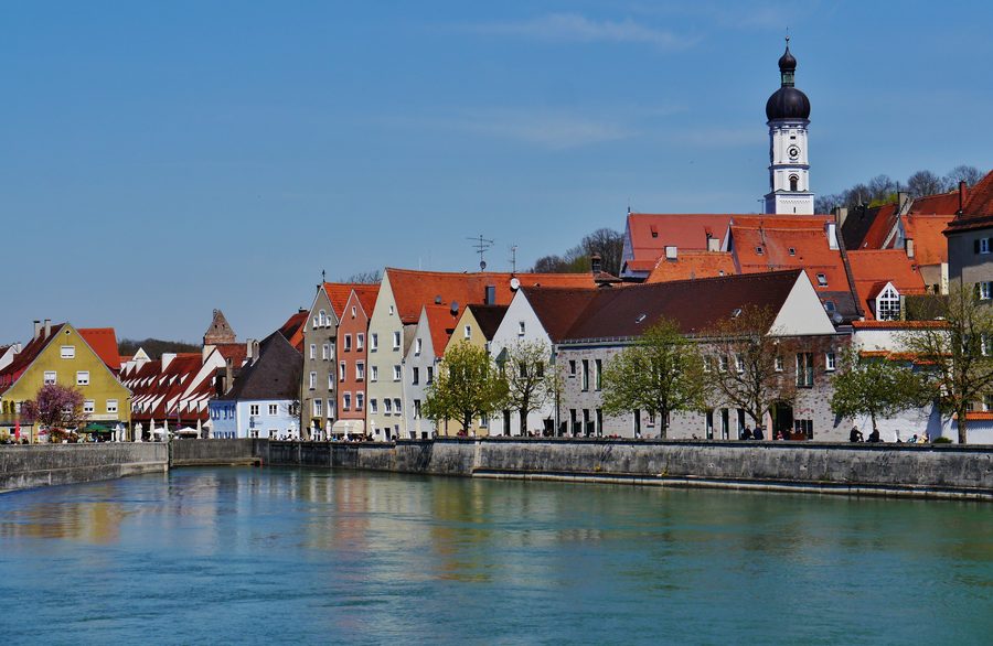 View across the Lech to the historic old town of Landsberg am Lech