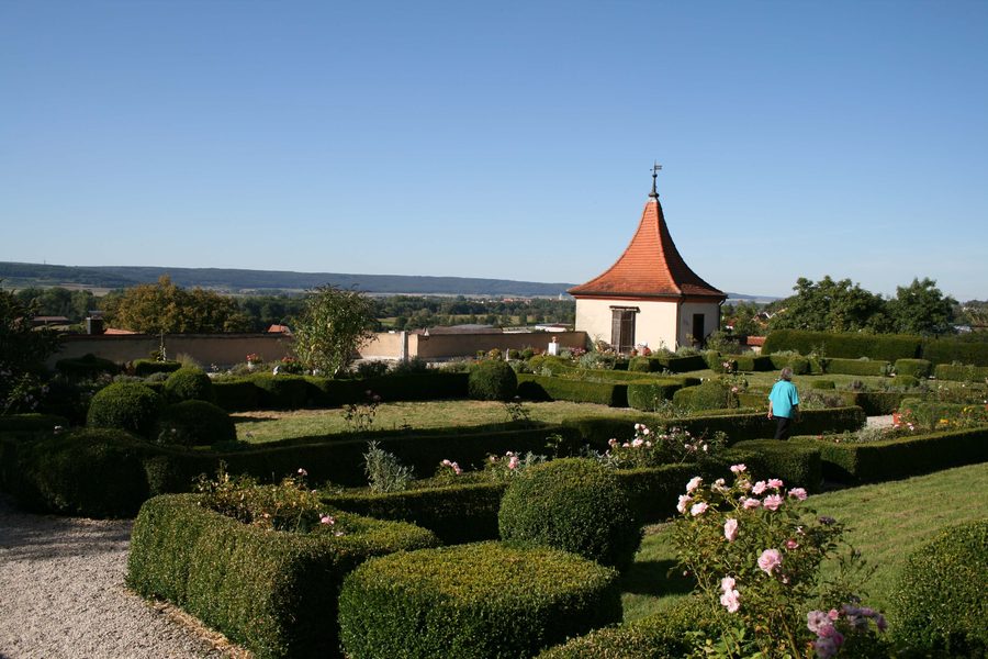 Historic hanging garden of Neufra Castle with garden tower