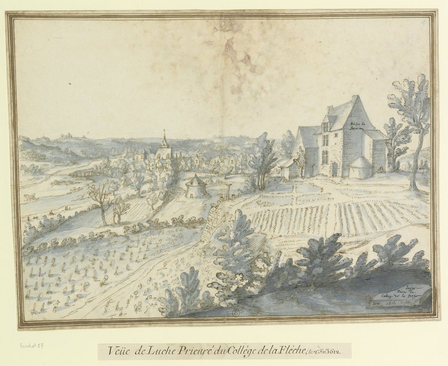 File:Luché - Prioré du - Colleg. de la fleche - Luche 1612. 2. febr. - Veüe de Luche Prieuré du Collège de la Flèche, le 2 Fev. 1612 - dessin - Etienne Martellange - btv1b6937427w.jpg