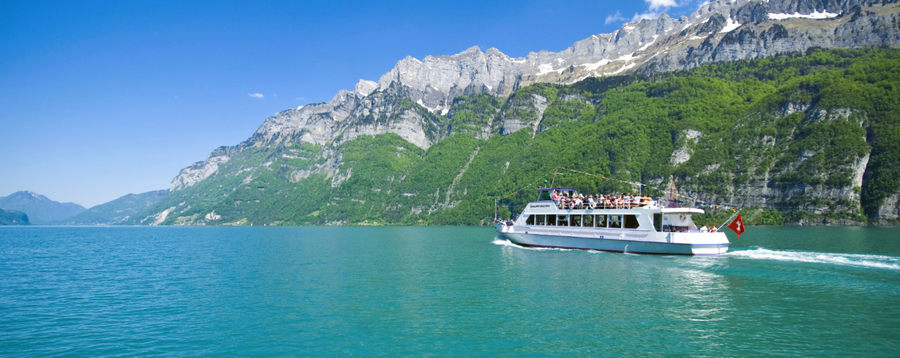 Walensee boat MS Churfirsten on Lake Walen in front of the Churfirsten range