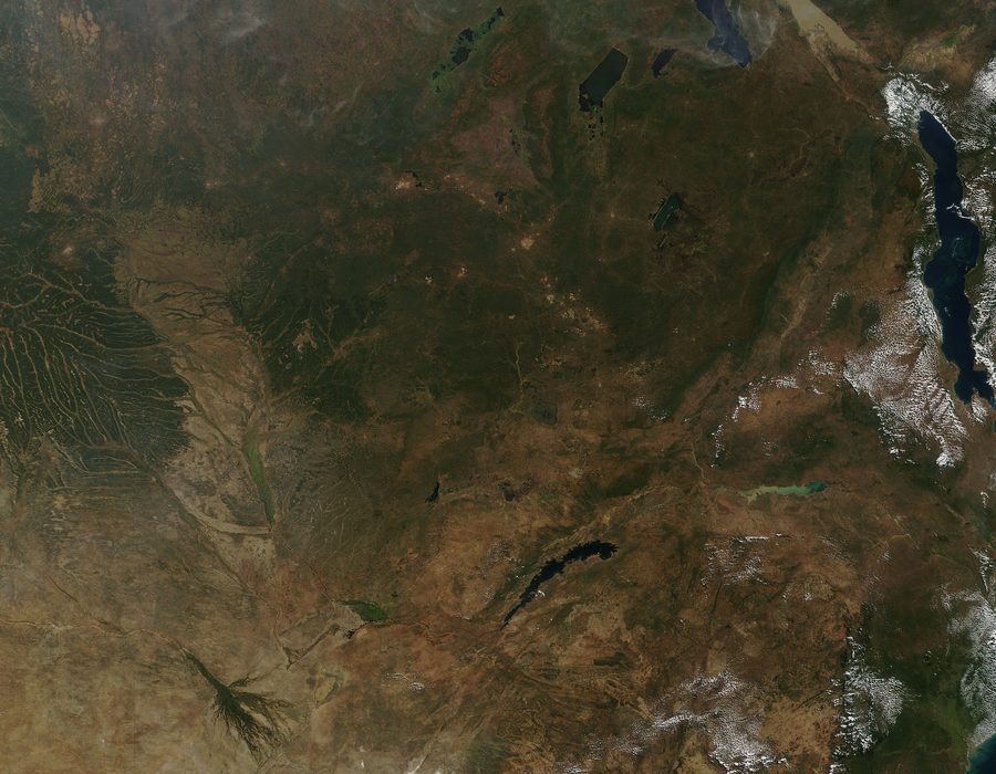 Satellite image of Central Africa with cloudy areas and green vegetation.