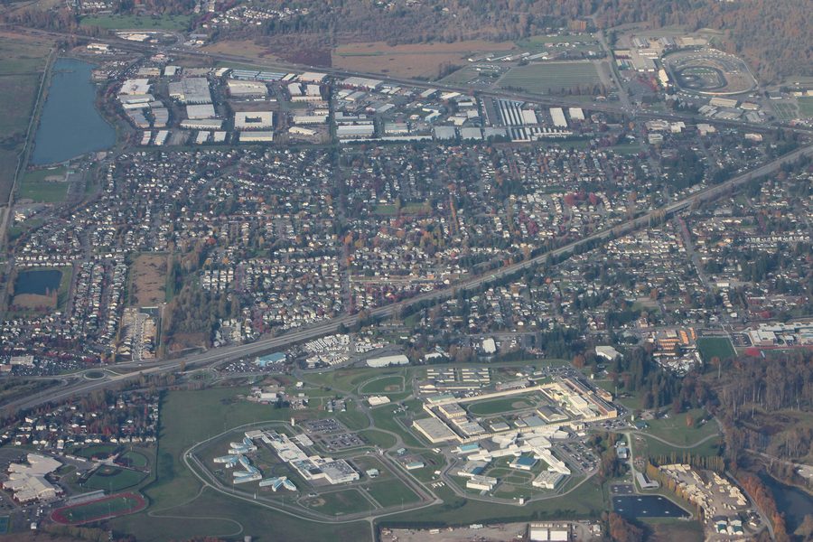 Aerial view of Monroe in the U.S. state of Washington with State Route 522 and the Monroe Correctional Complex