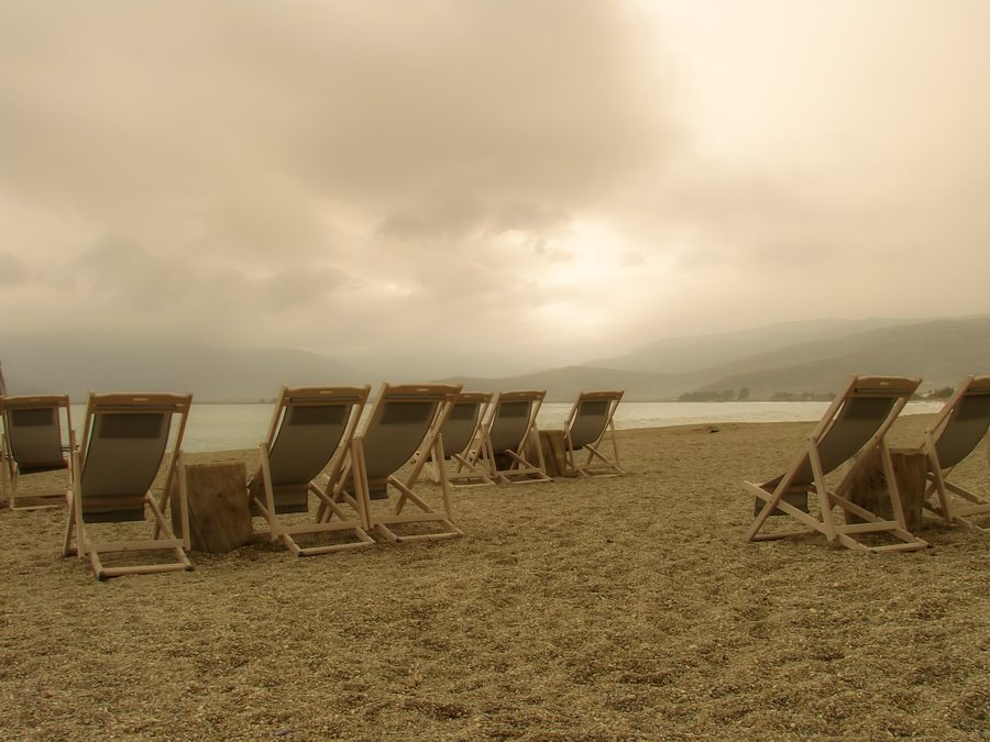 Beach and coast near Paralio Astros under cloudy skies