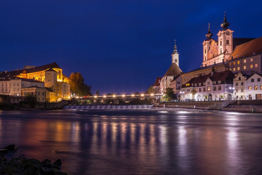 Lamberg Castle and historic buildings at the confluence of the Steyr and Enns rivers