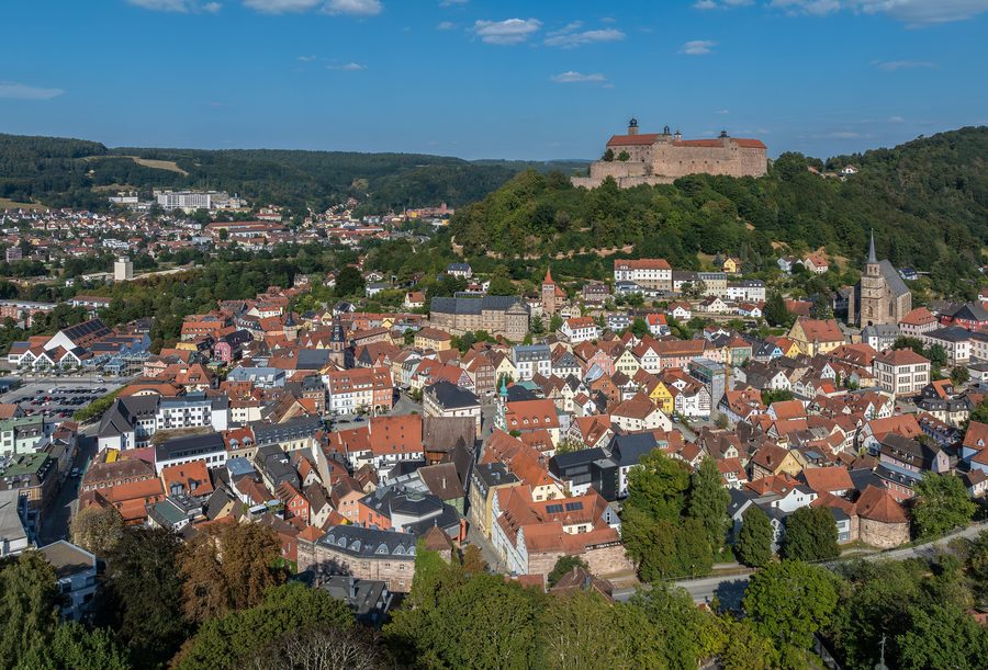 Aerial view of Kulmbach with built-up area and surrounding landscape