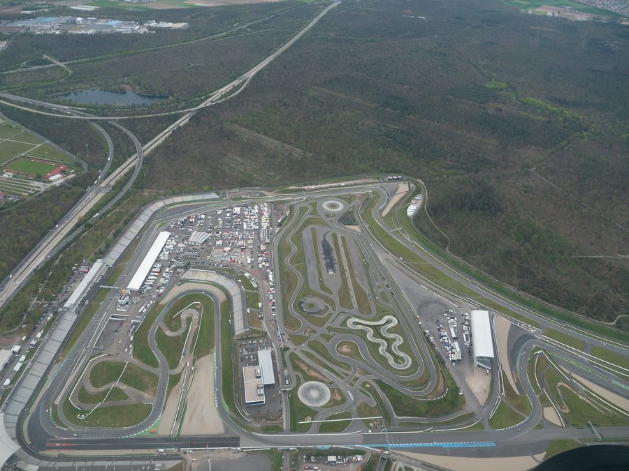 Aerial view of the Hockenheimring with the oval race track and grandstands.