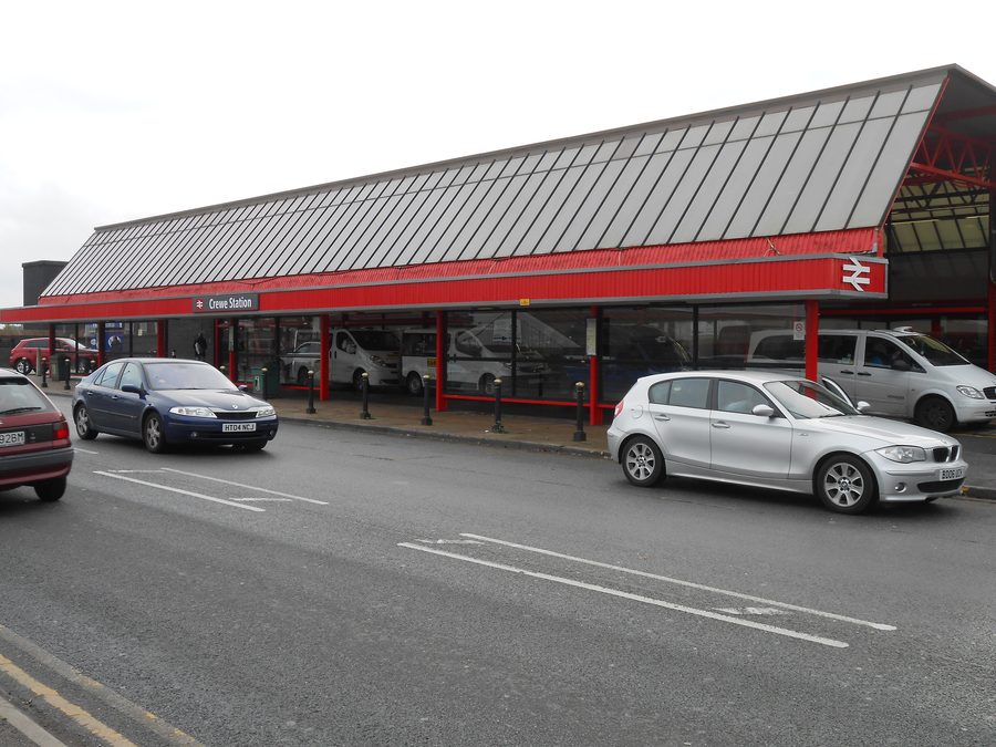 Frontage of Crewe railway station in Cheshire, England