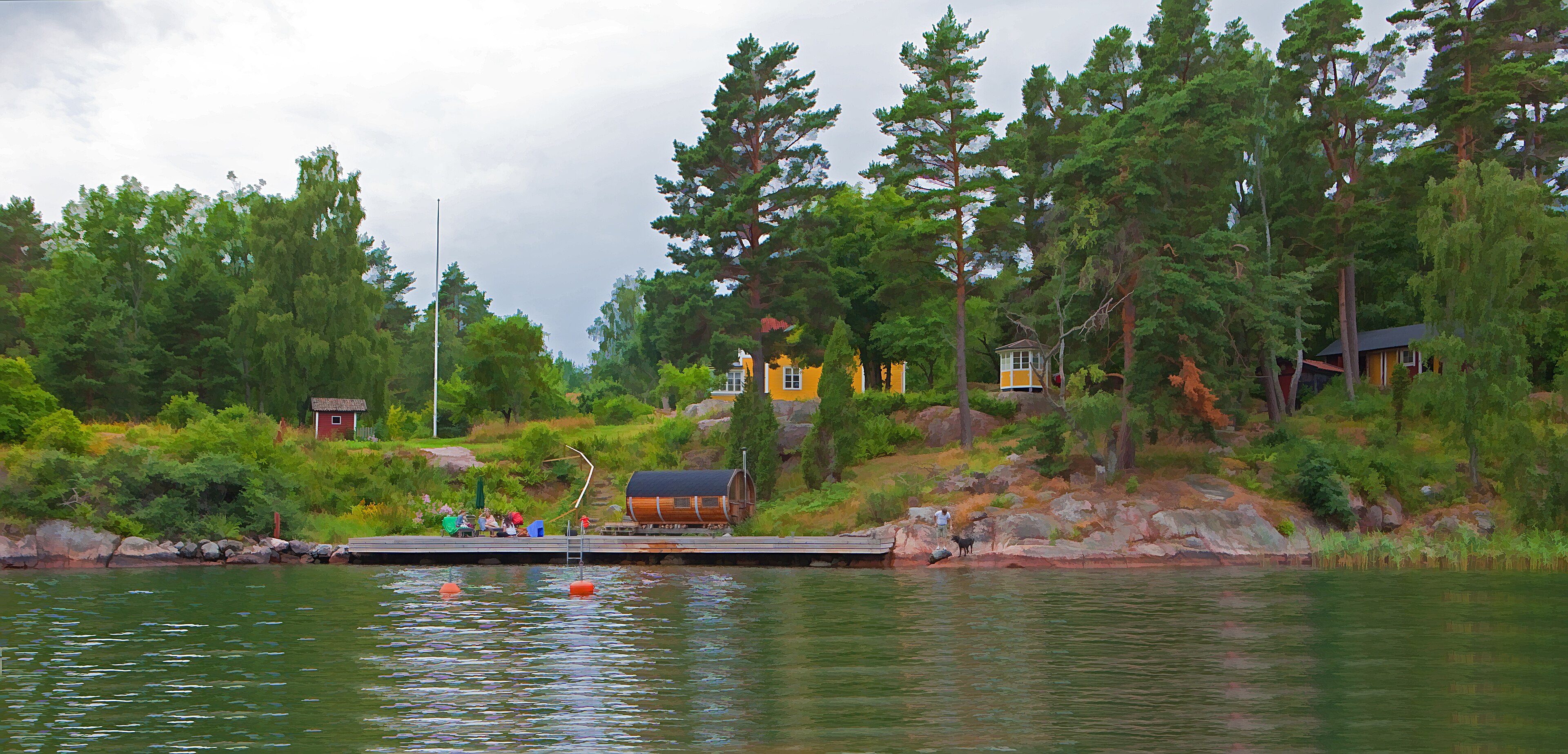 View over wooded islands and water in the Stockholm archipelago.
