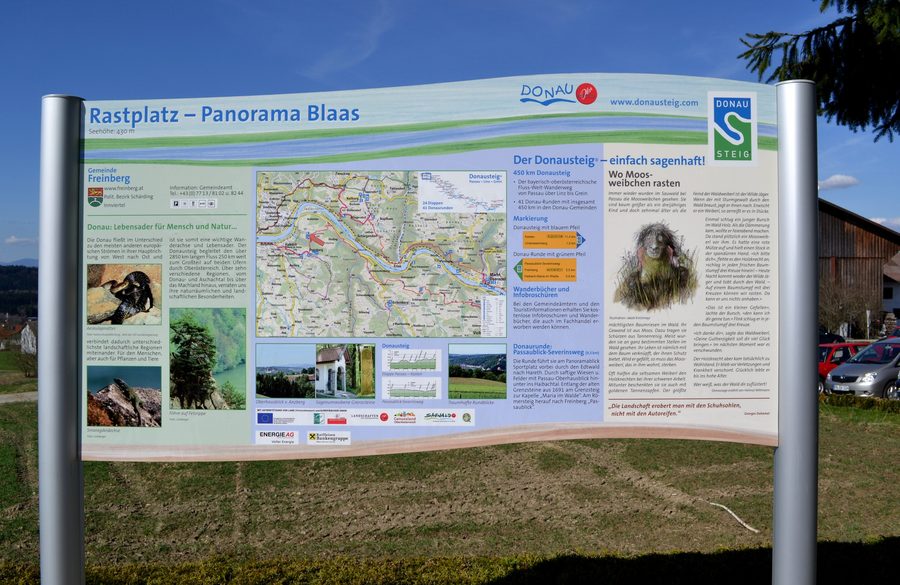 Panorama on the Donausteig with information board in Freinberg, Upper Austria