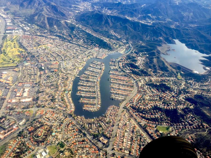 Aerial view of Westlake Lake and the surrounding Westlake Village landscape in California
