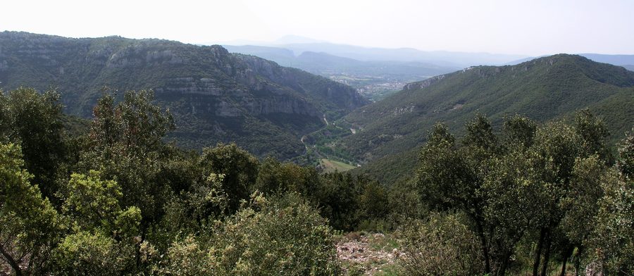 Vue de la vallée du Rieutord depuis les environs du château d’Adhémar, à Sumène, dans le Gard.