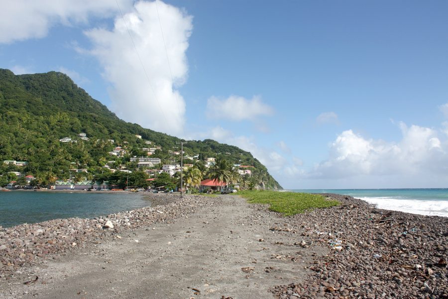 View inland from Scotts Head peninsula to Scotts Head village, Saint Mark Parish, Dominica.