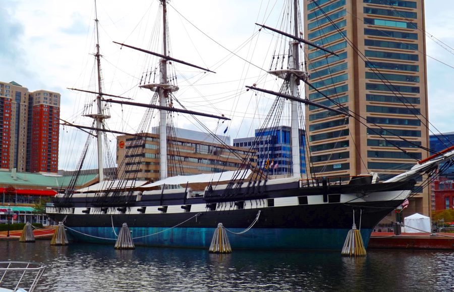 USS Constellation at the pier in Baltimore’s Inner Harbor