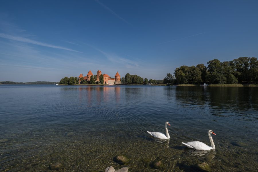 Trakai Island Castle stands on an island in Lake Galvė in Lithuania.