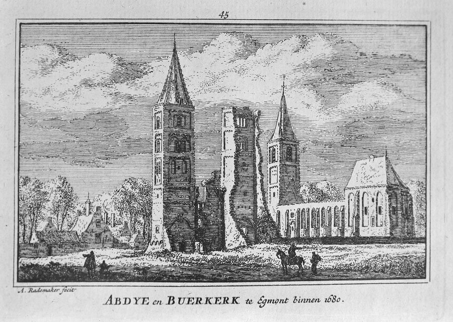 Historical depiction of the abbey and Buurkerk in Egmond-Binnen