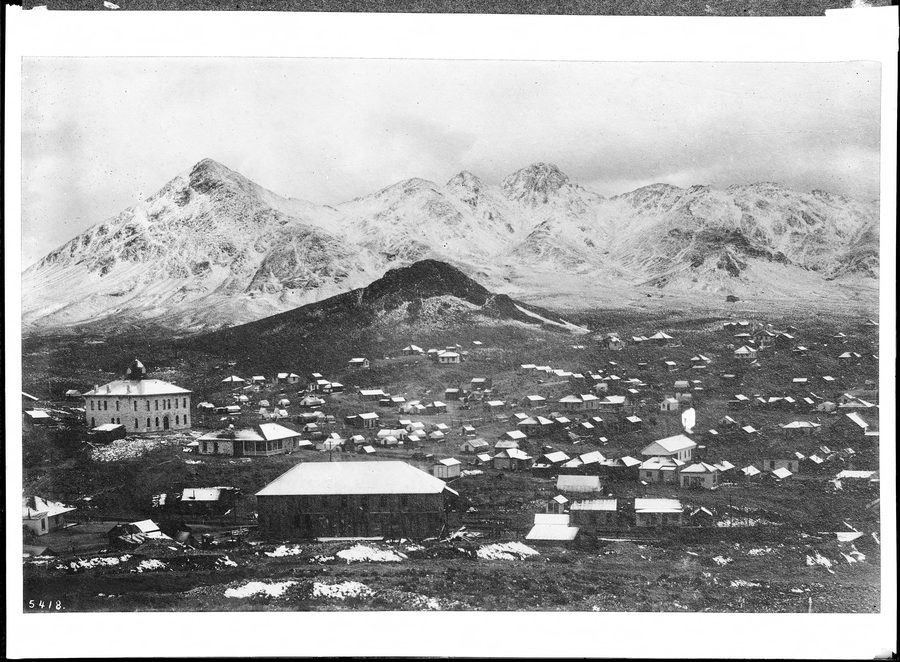 Panoramic historic view of the Tonopah Mining Park with mining facilities and Mount Butler in the distance