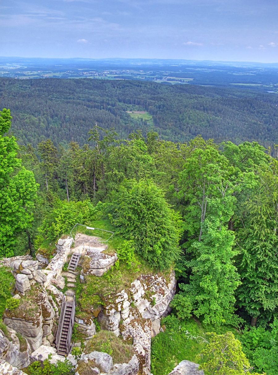 View from the keep of Weißenstein Castle ruin in the Steinwald over the wooded landscape