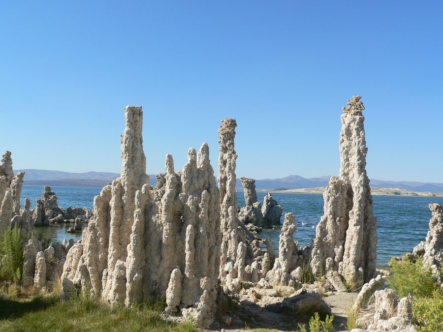 Tufa pillars rise from Mono Lake in California.