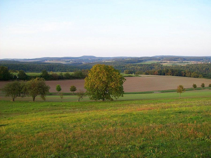 View from the Hünenhügel viewpoint near Schönbach over the northern Haßberge hills