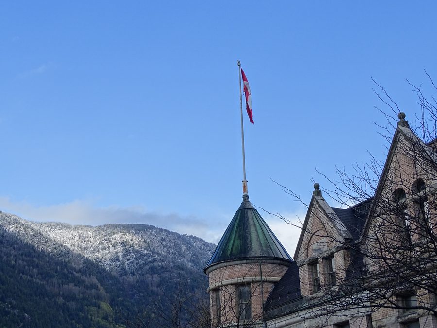 Historic building in Nelson with a mountain backdrop