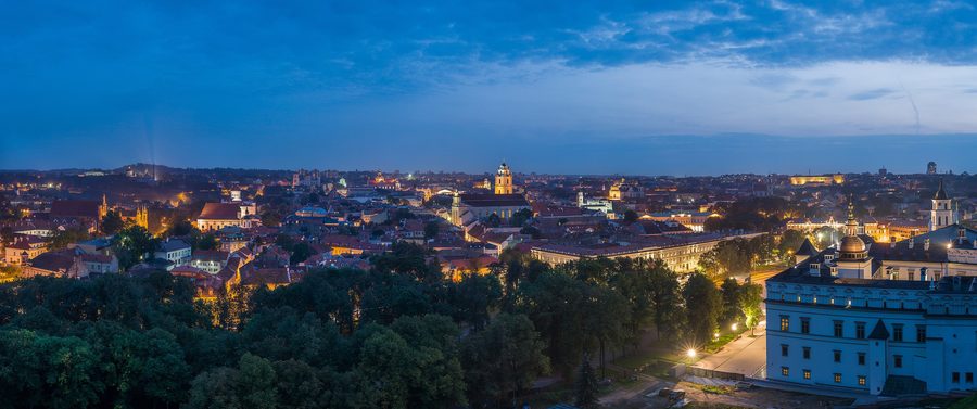 Vilnius Old Town skyline at dusk seen from Gediminas Tower.