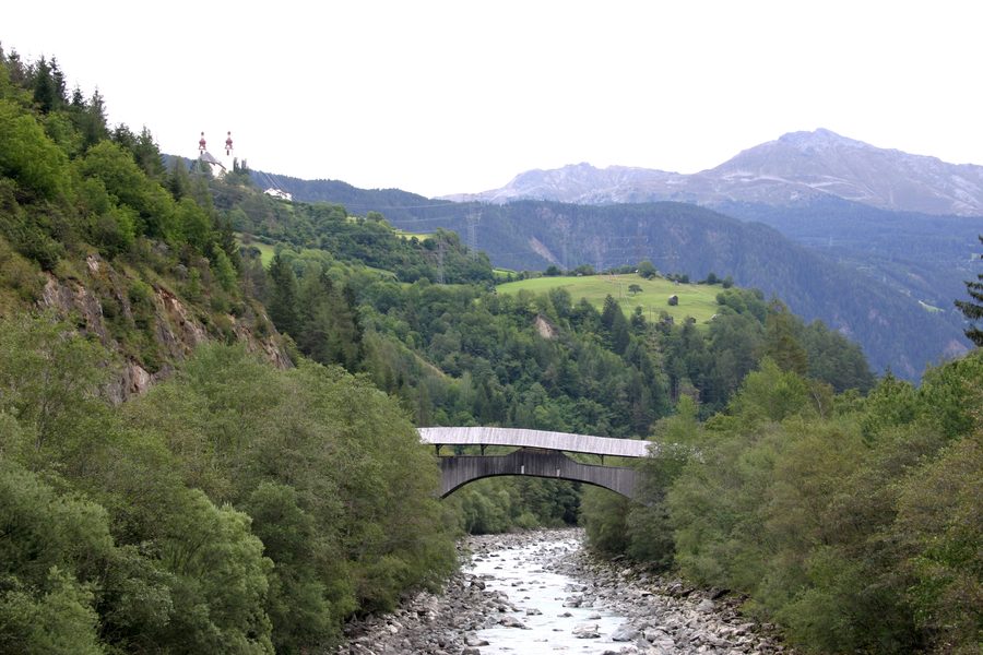 View of the Inn Valley near Fließ with St. Barbara's Church