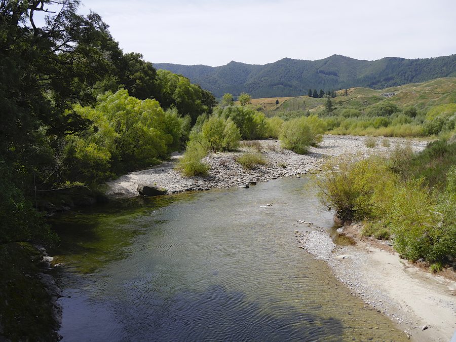 View of Owen River in Tasman District, South Island, New Zealand, looking north-east from the SH 6 bridge