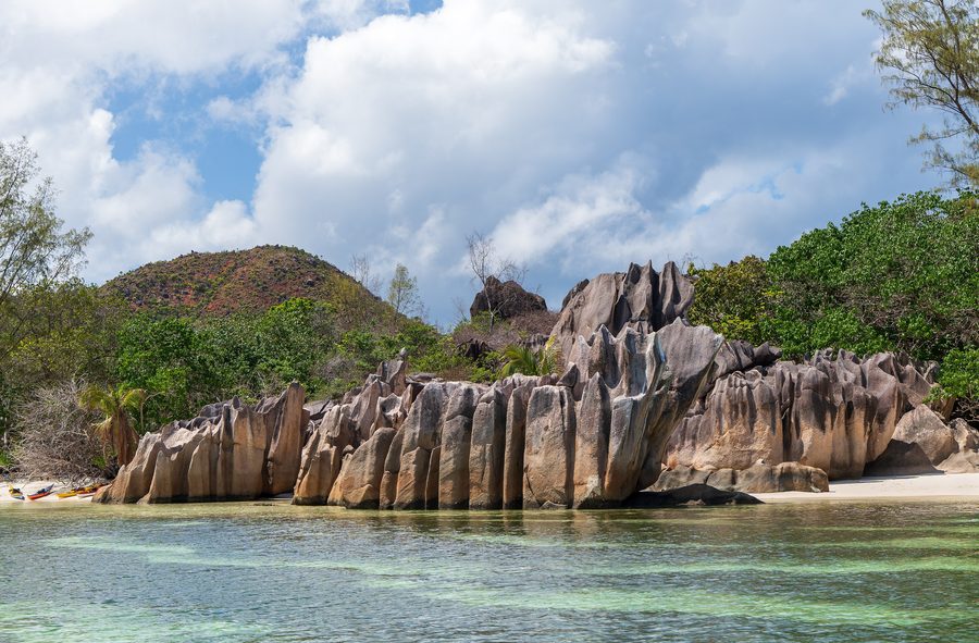 Granite rocks on the coast of Curieuse, Seychelles.