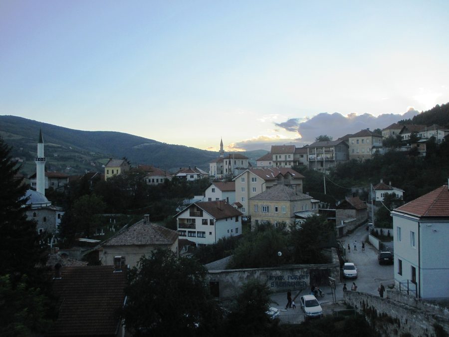 Panorama of Travnik old town from the Fortress Gate, with New Mosque and Kahvica Mosque