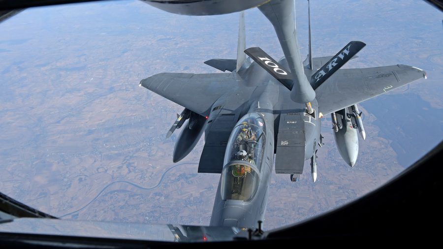 A tanker aircraft of the 100th Air Refueling Wing flies over Eastern Europe.