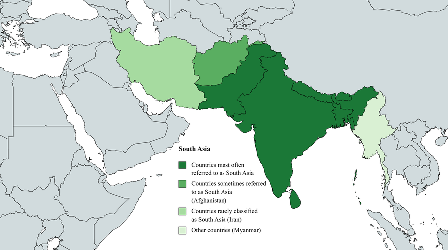 Map showing the boundaries and definitions of South Asia.