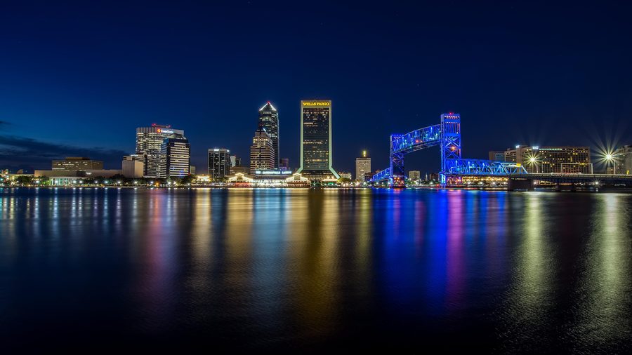 Downtown Jacksonville, Florida, skyline at night viewed from the riverwalk