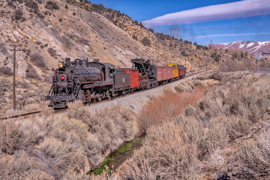 Nevada Northern No. 93 pulling a freight train in Ely, Nevada